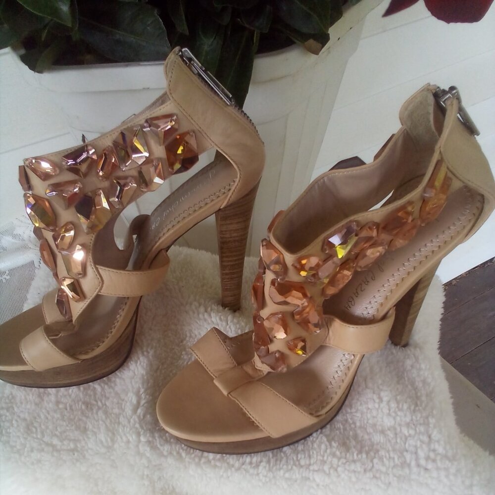 👜🕶Jean-Michel Cazabat Crystal Embellished Platform Heels Nude Size:7